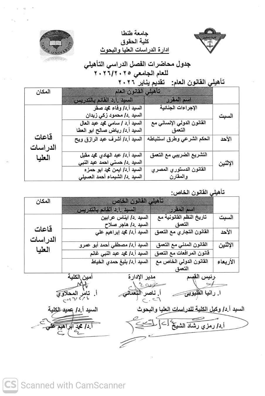 جداول محاضرات الدراسات العليا للفصل الدراسي الثاني 2025/2026